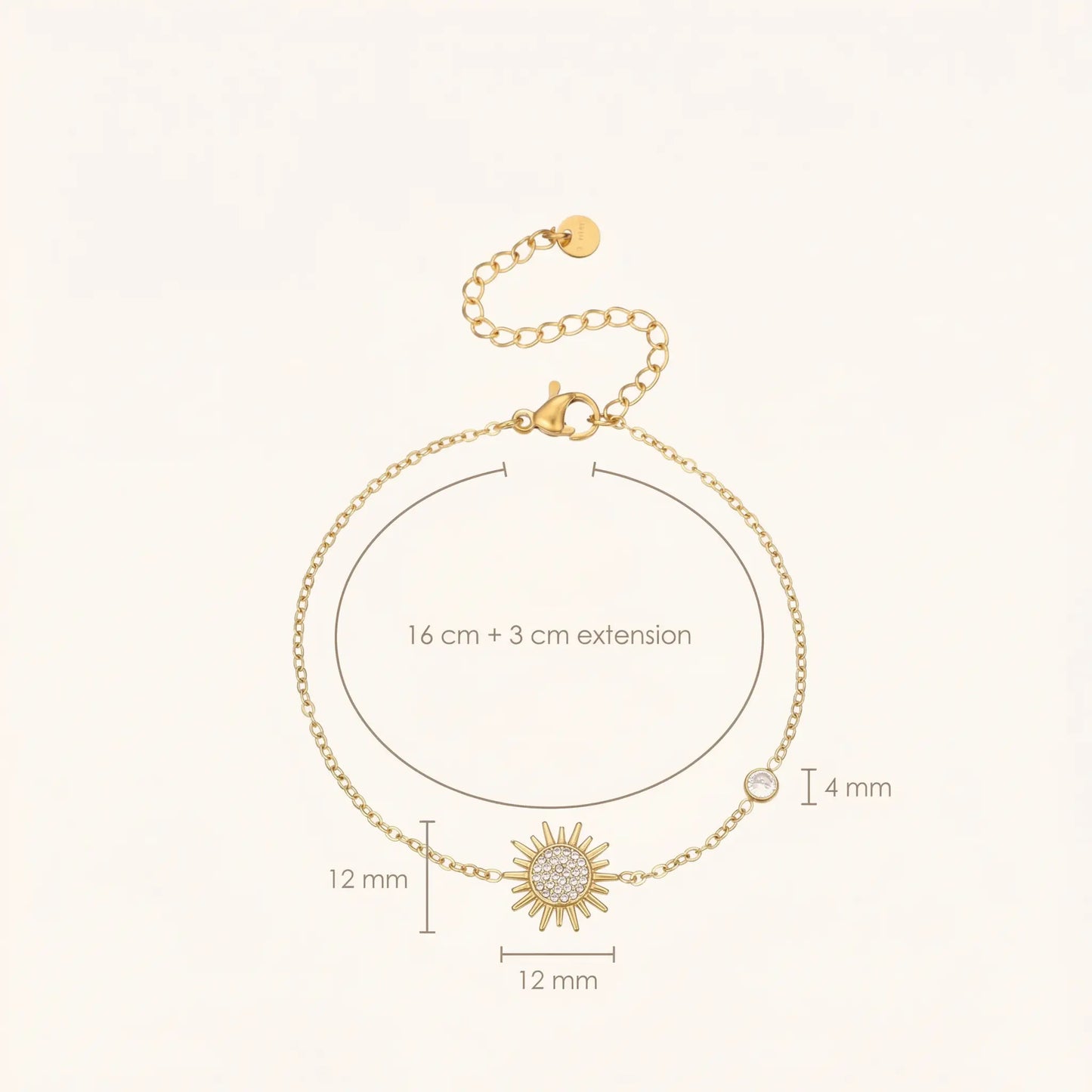 Gold bracelet with sunflower charm and measurement details on a white background
