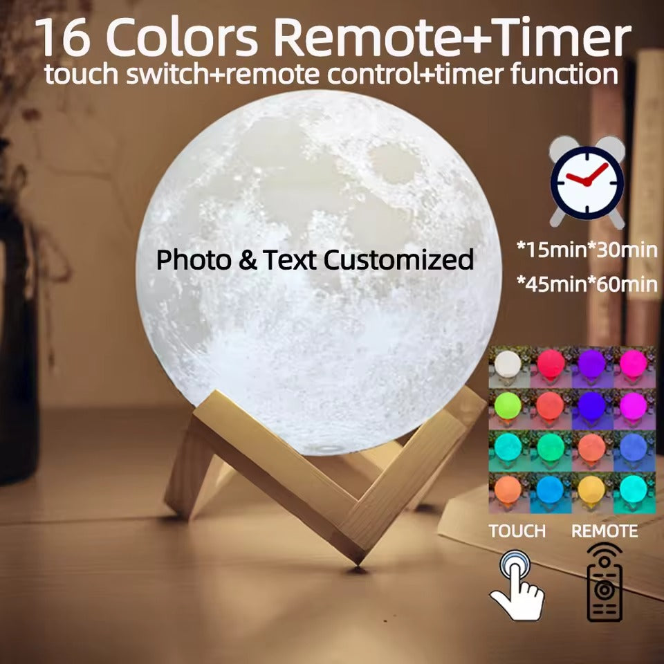 Moon-shaped lamp with remote control and timer on a wooden stand, featuring 16 color options.