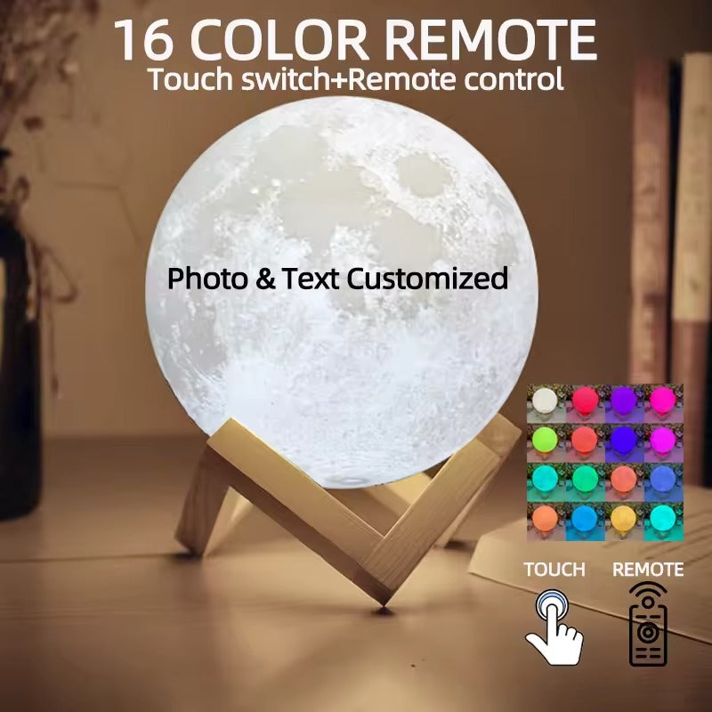 Moon-shaped lamp with 16 color options on a wooden stand