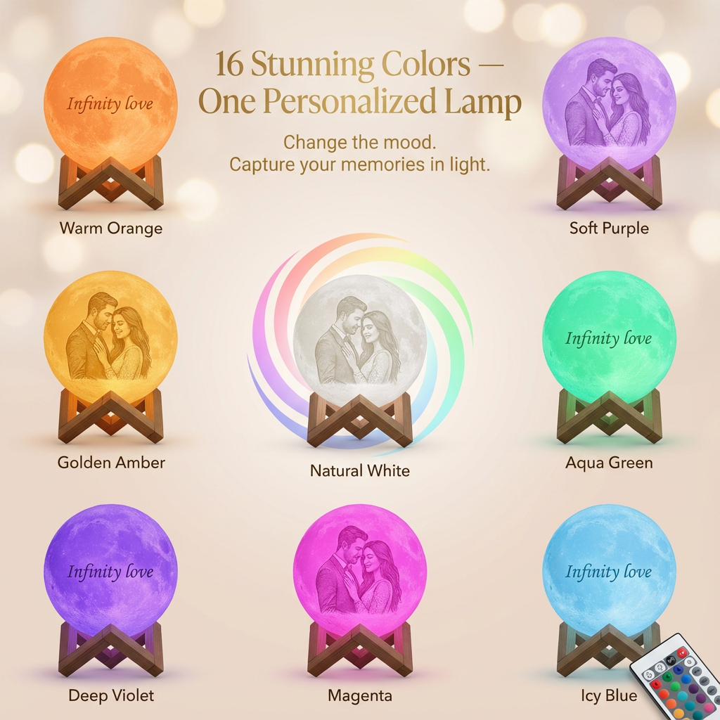Colorful lamp options with 'Infinity love' and couple images on a blurred light background