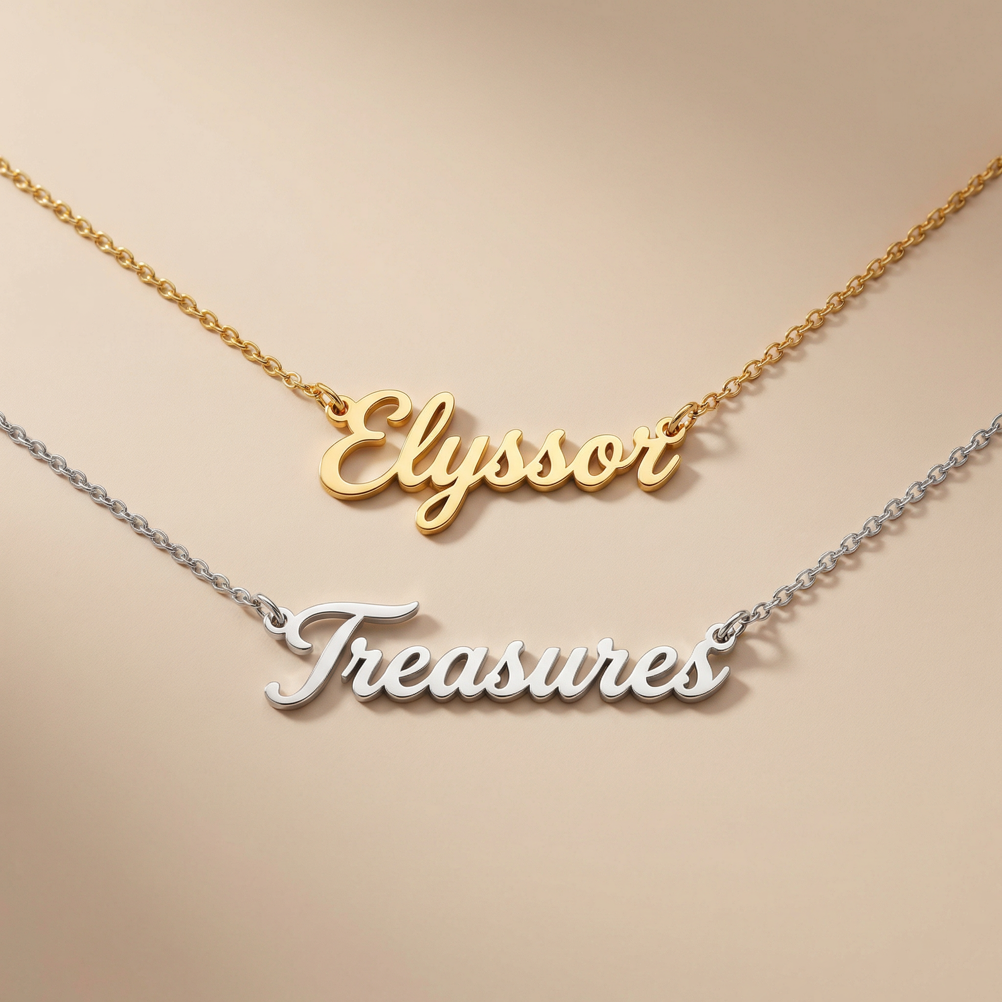 Gold and silver nameplate necklaces on a beige background