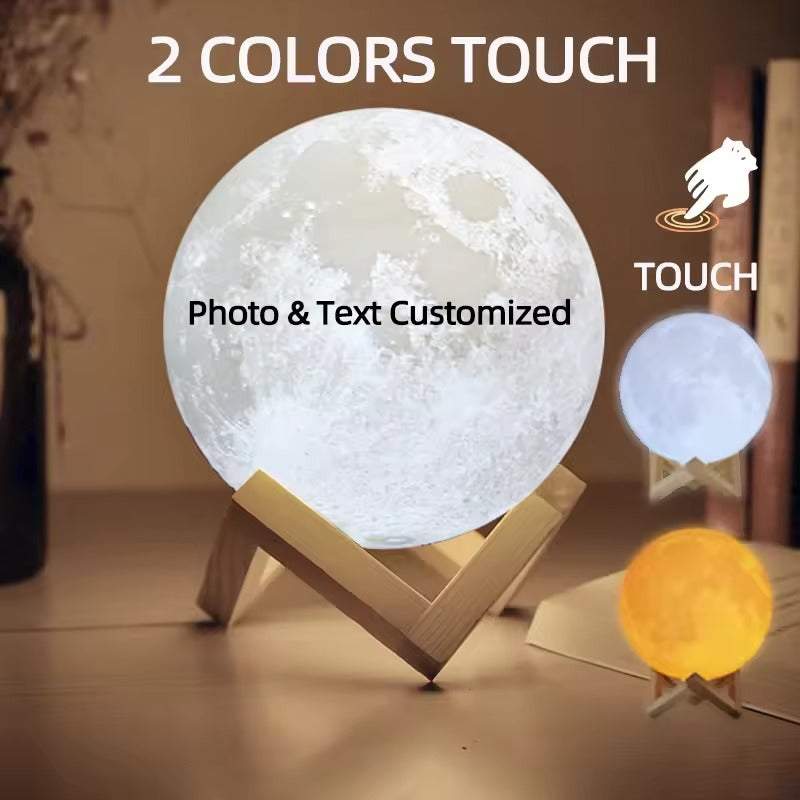 Customizable moon lamp with customizable photo and text feature on a wooden stand with 2 colors