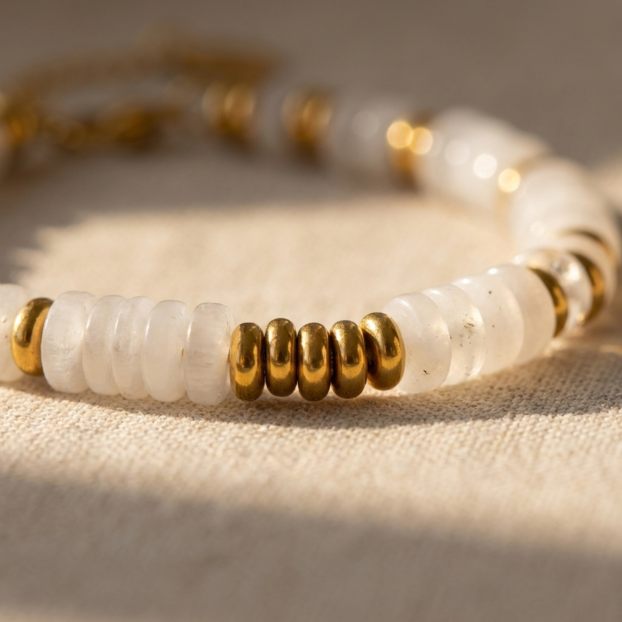 Luminara Shore Armband – Witte Steen & 18K Goud