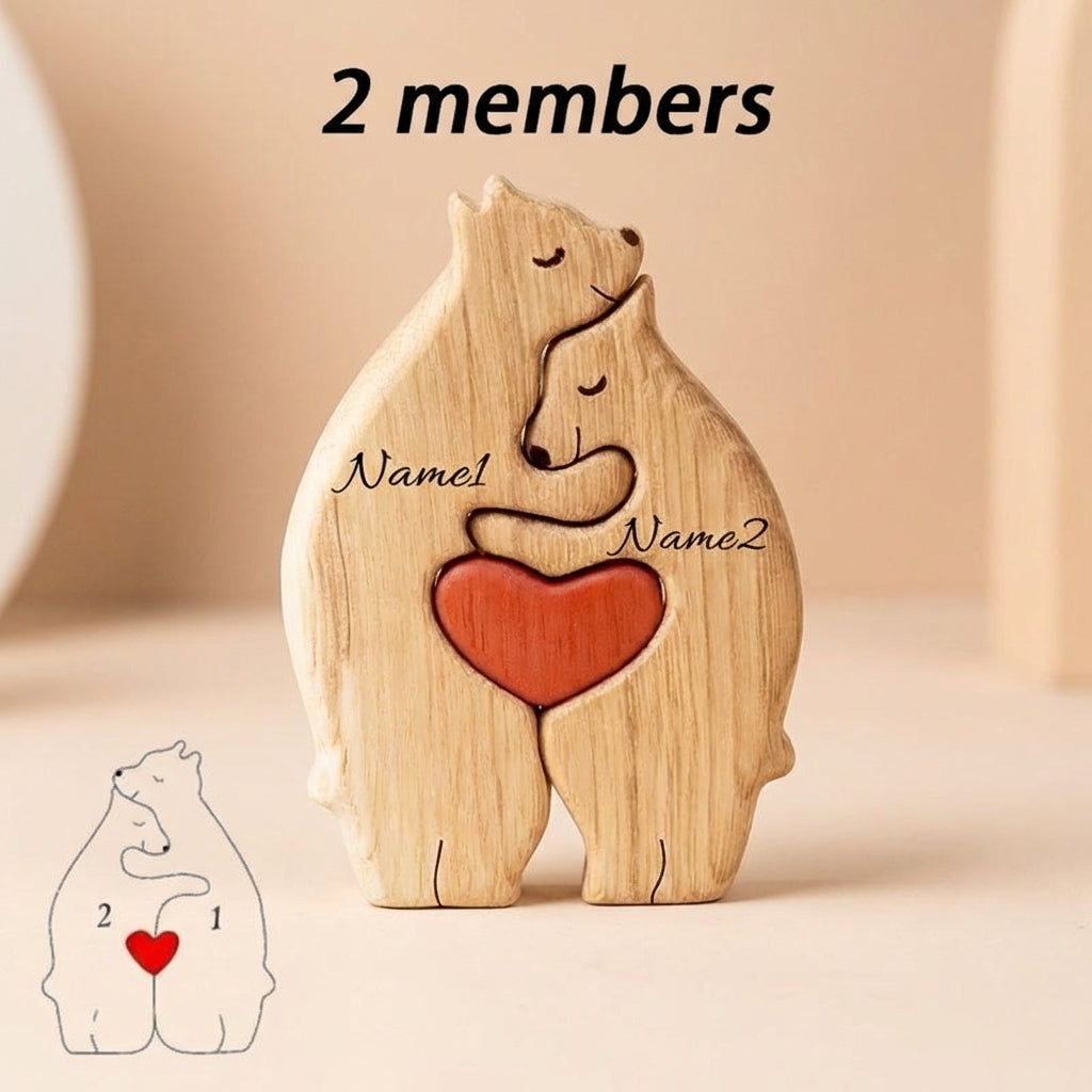 Wooden bear-shaped ornament with a heart, personalized for two members, on a beige background.