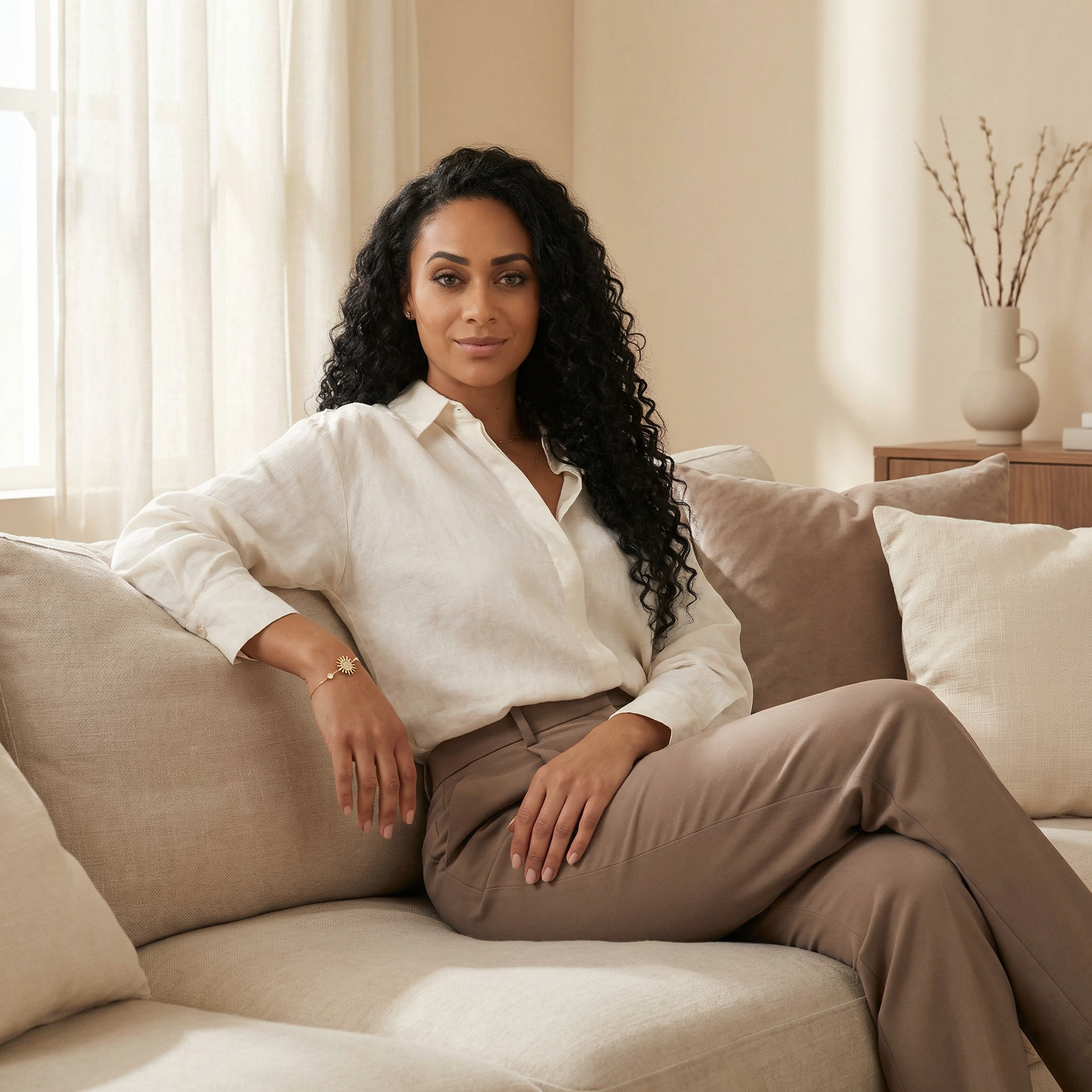Woman sitting on a beige couch in a well-lit room with neutral decor wearing a bracelet with sun-shaped pendant.