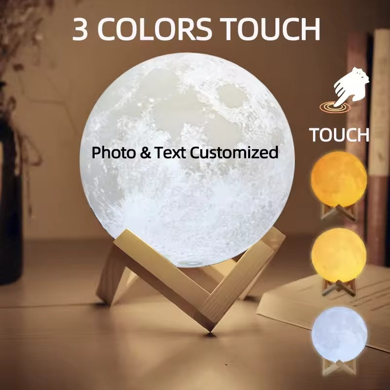 Customizable moon-shaped lamp with 3 colors on a stand