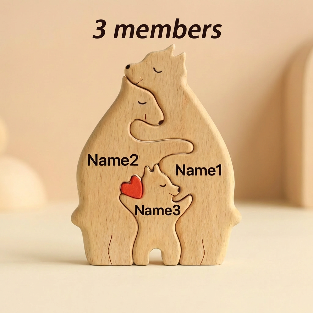 Wooden puzzle shaped like three bears with '3 members' text and space for names on a beige background.