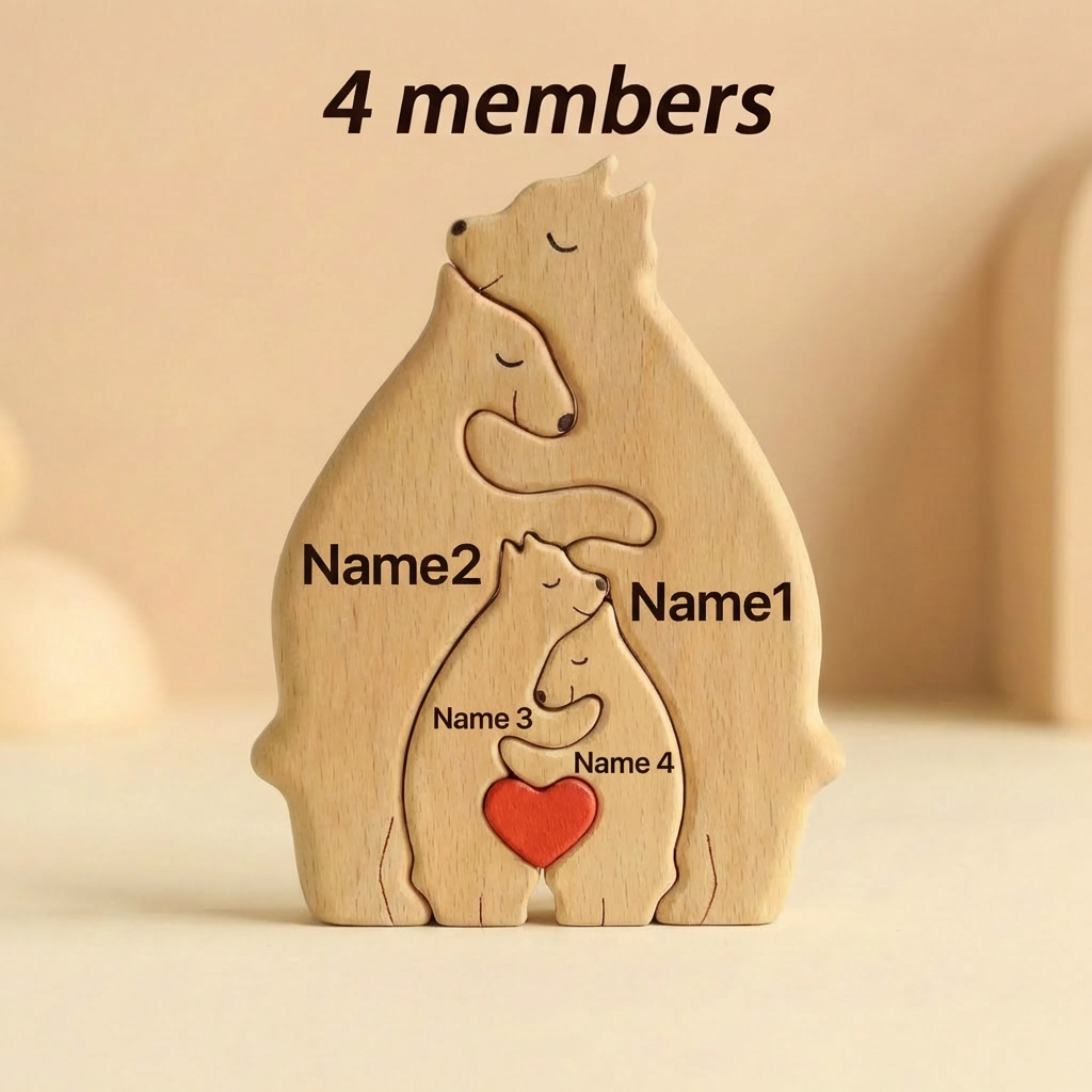 Wooden family figure with four members and a red heart, labeled '4 members' and 'Name1' to 'Name4'.