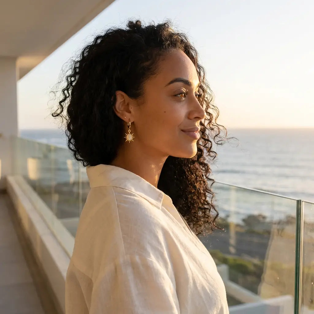 Woman with curly hair standing on a balcony overlooking the ocean in South-Africa wearing radiance hoops earrings.