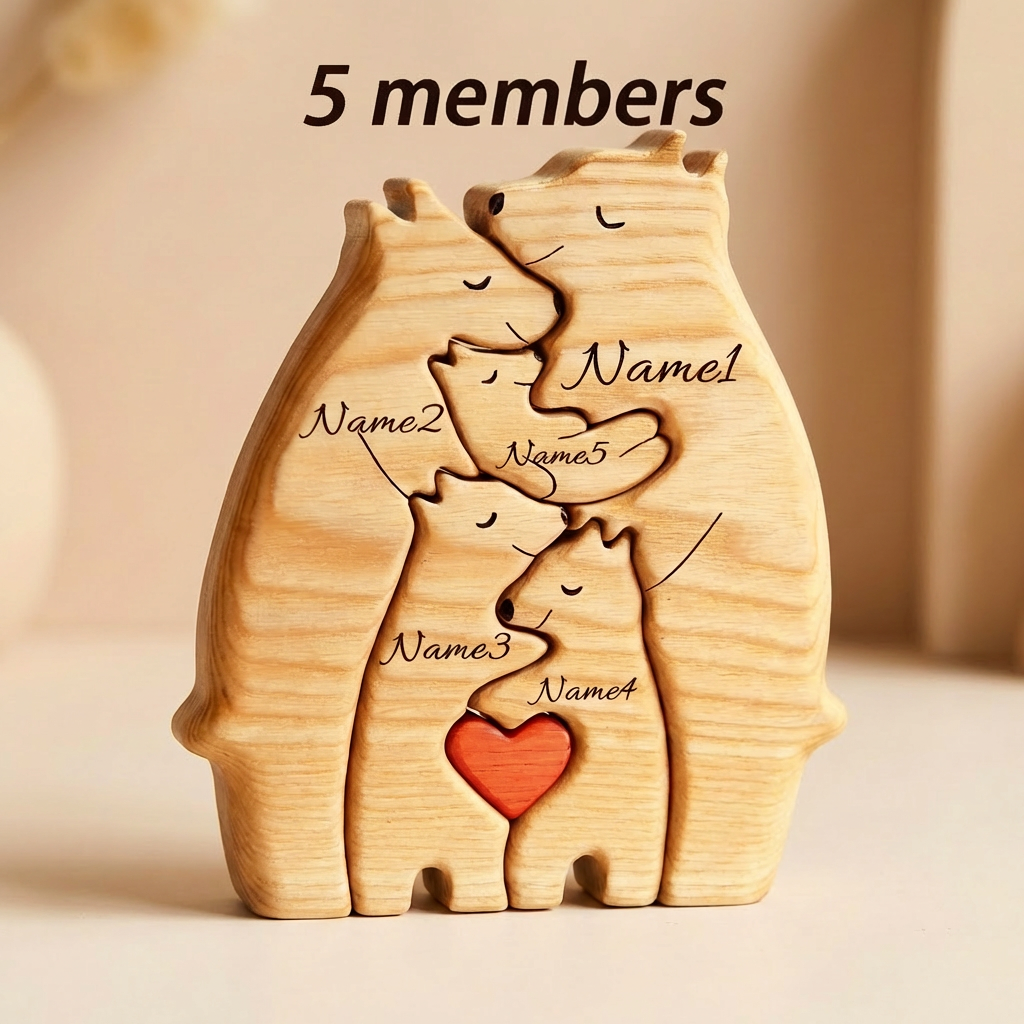 Wooden bear family figurine with engraved names on a beige background