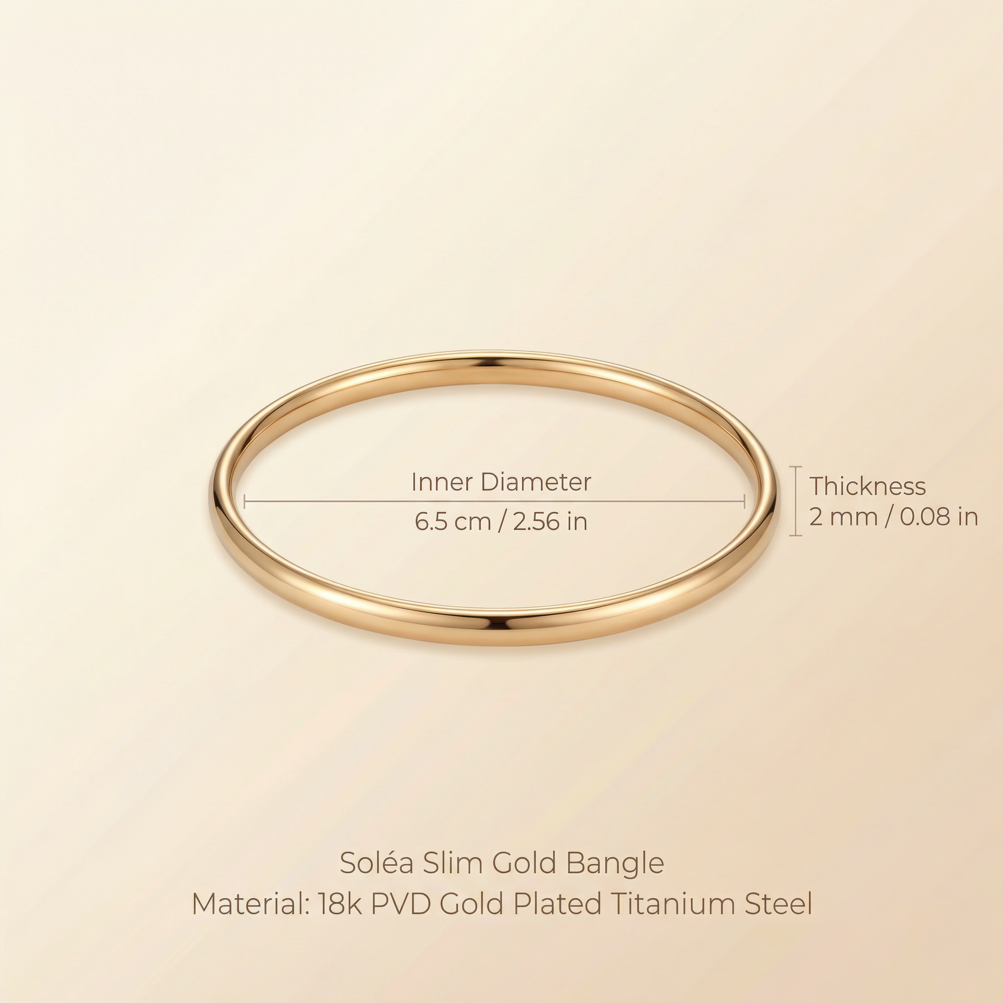 Gold bangle with measurements on a beige background
