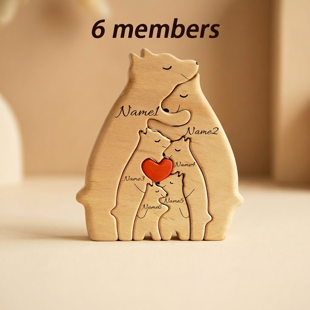 Wooden family figure with six members and a red heart on a beige background