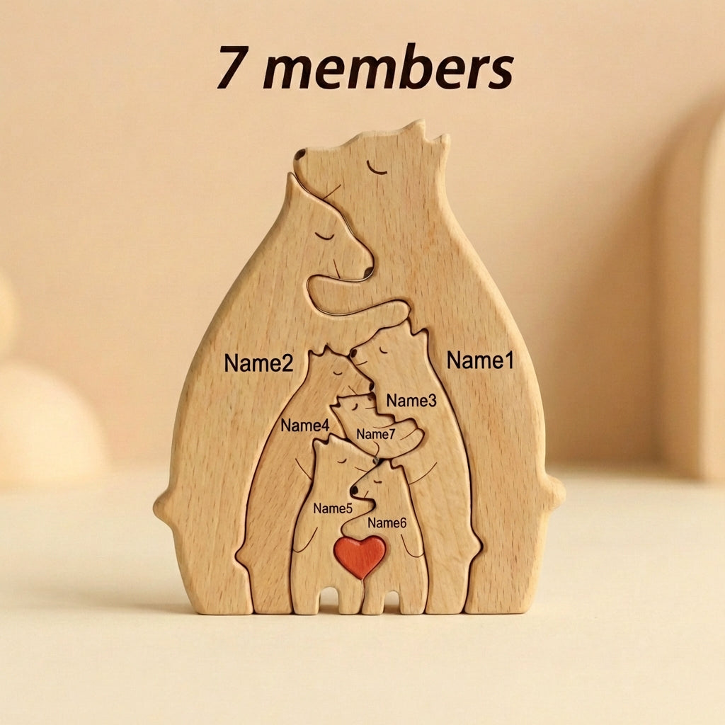 Wooden bear-shaped family tree with seven members on a beige background