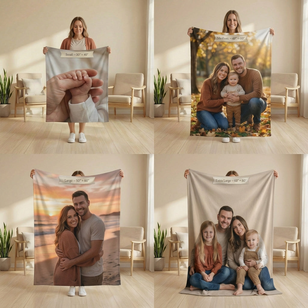 A mockup of 4 sizes customized blankets
