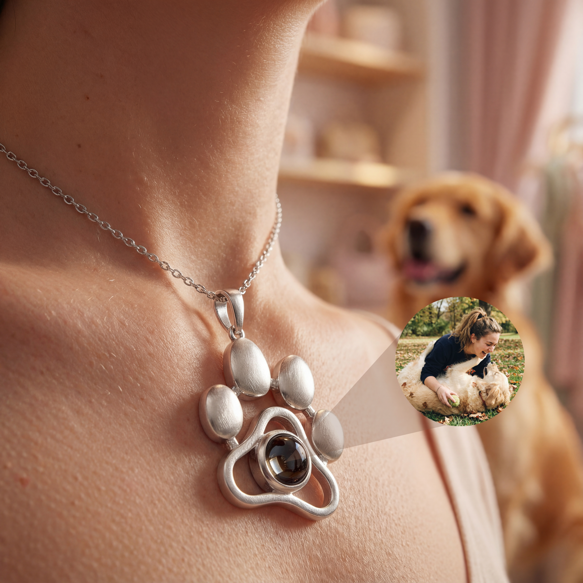 Silver paw-shaped necklace worn by a person with a dog in the background