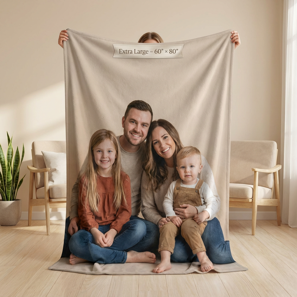 Family of four holding a large custom photo blanket in a home setting.