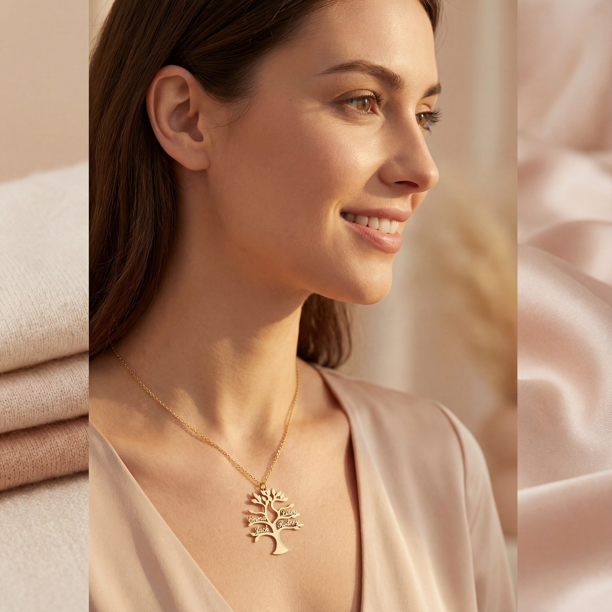 Woman wearing a gold necklace with a tree pendant against a soft, neutral background