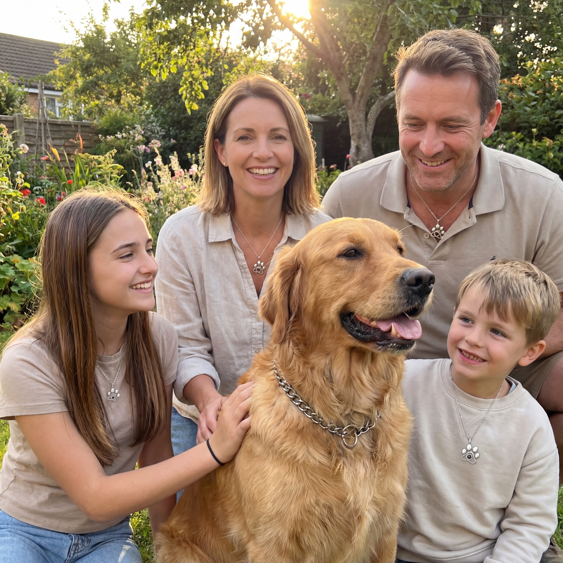 Family of four with animal photo necklaces and their golden retriever dog in a garden setting