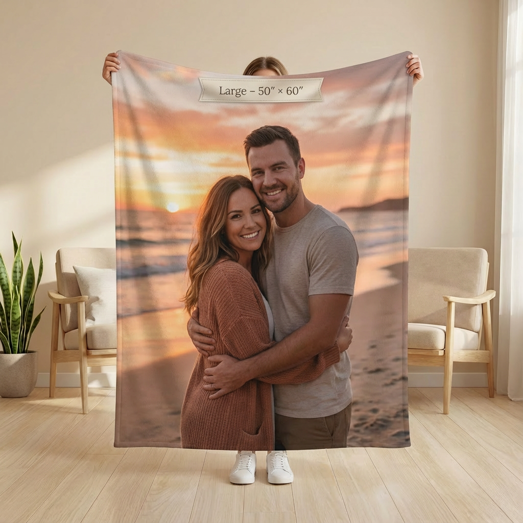 Two people holding a large photo blanket of a couple at sunset on a beach.