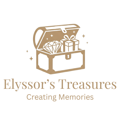 Logo of Elyssor's Treasures with an open treasure chest containing a diamond and a gift, on a white background.
