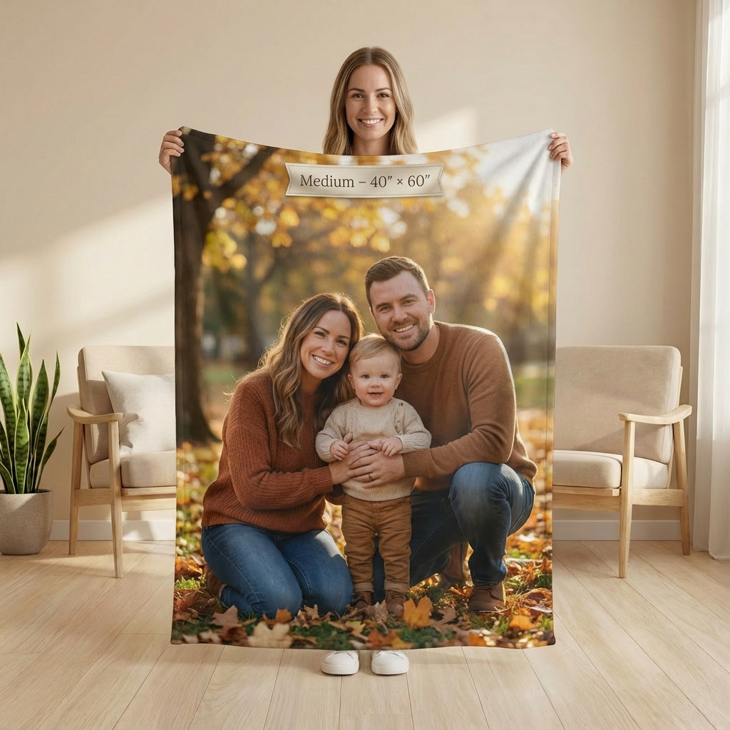 Woman holding a large photo blanket of a couple with a child in an autumn setting.