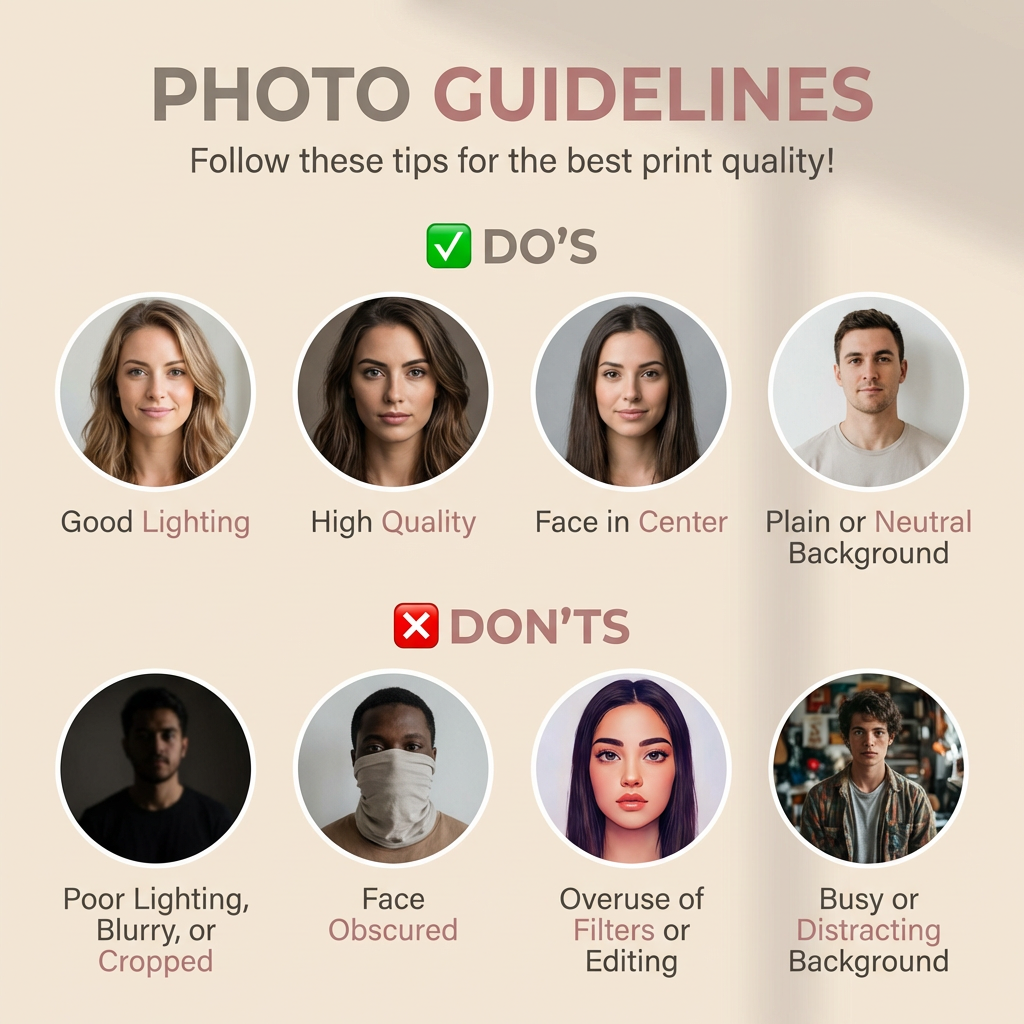 Photo guidelines with do's and don'ts for print quality on a beige background