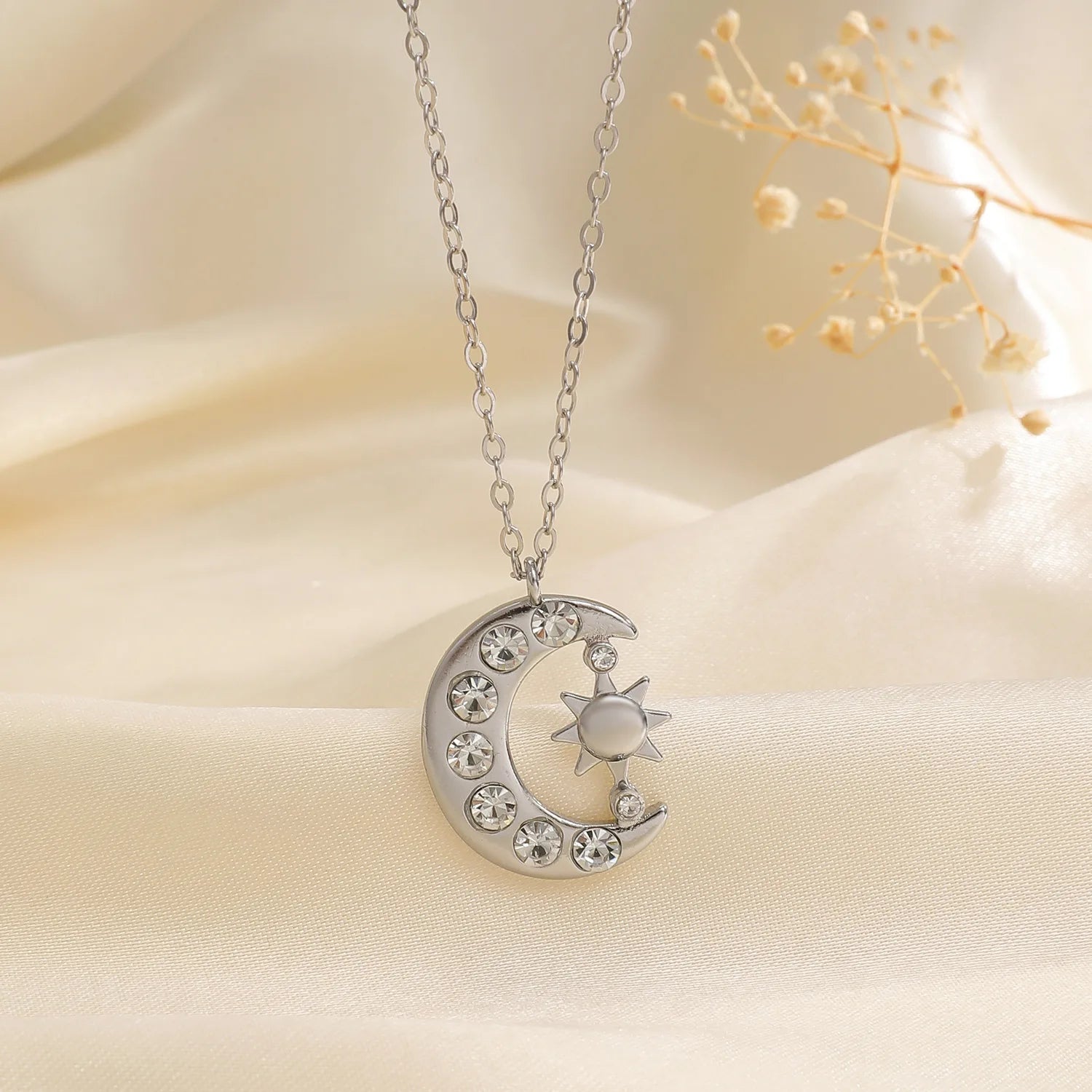 Sun & Crescent Moon Zircon Necklace – Waterproof Gold