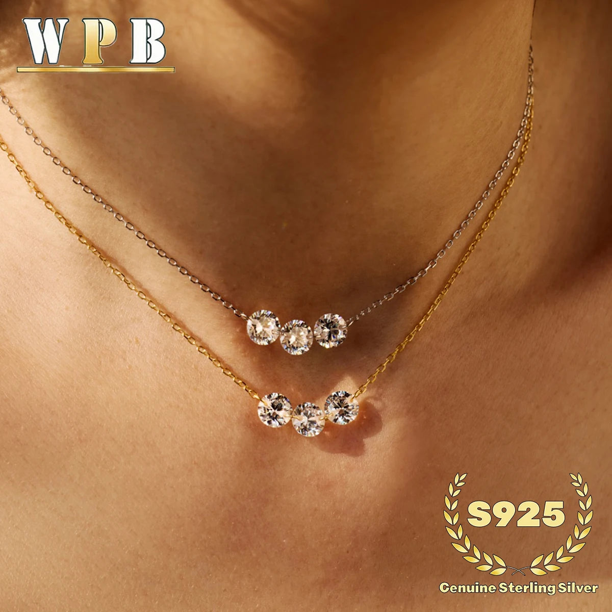 Sterling Silver Three-Stone Zircon Necklace – Adjustable