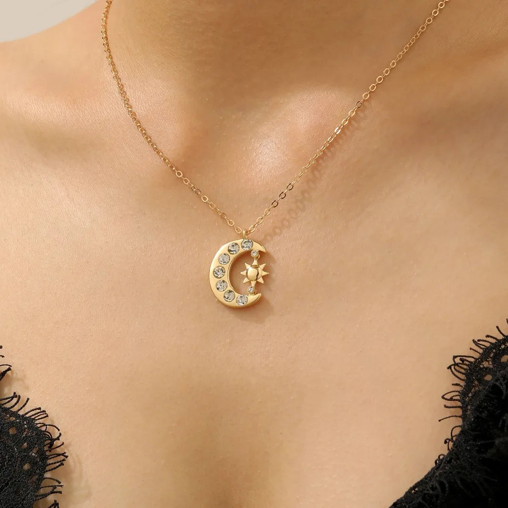 Sun & Crescent Moon Zircon Necklace – Waterproof Gold