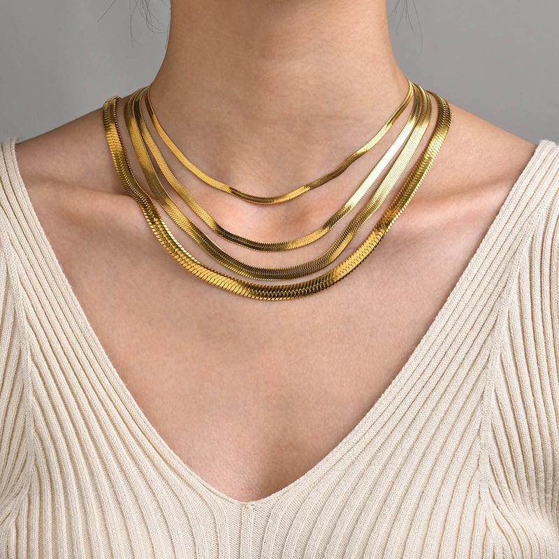 Flat Snake Chain Choker Necklace – Waterproof Stainless Steel