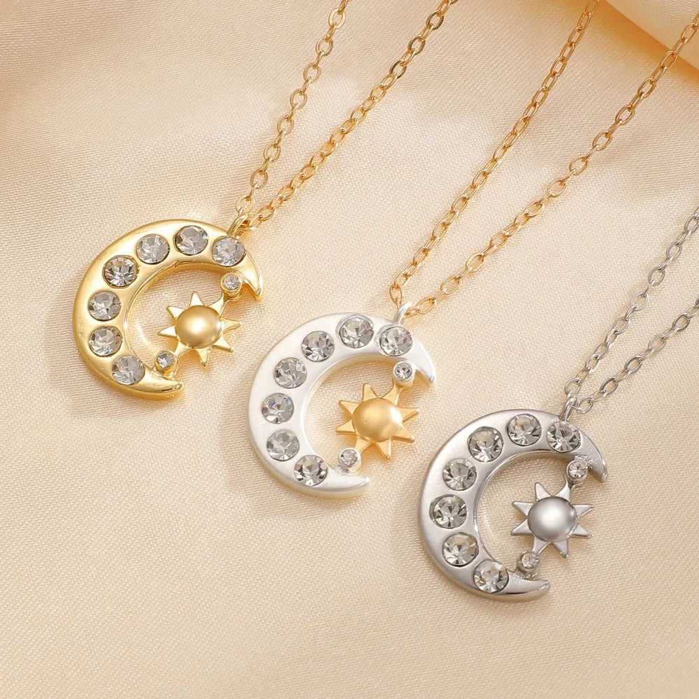 Sun & Crescent Moon Zircon Necklace – Waterproof Gold