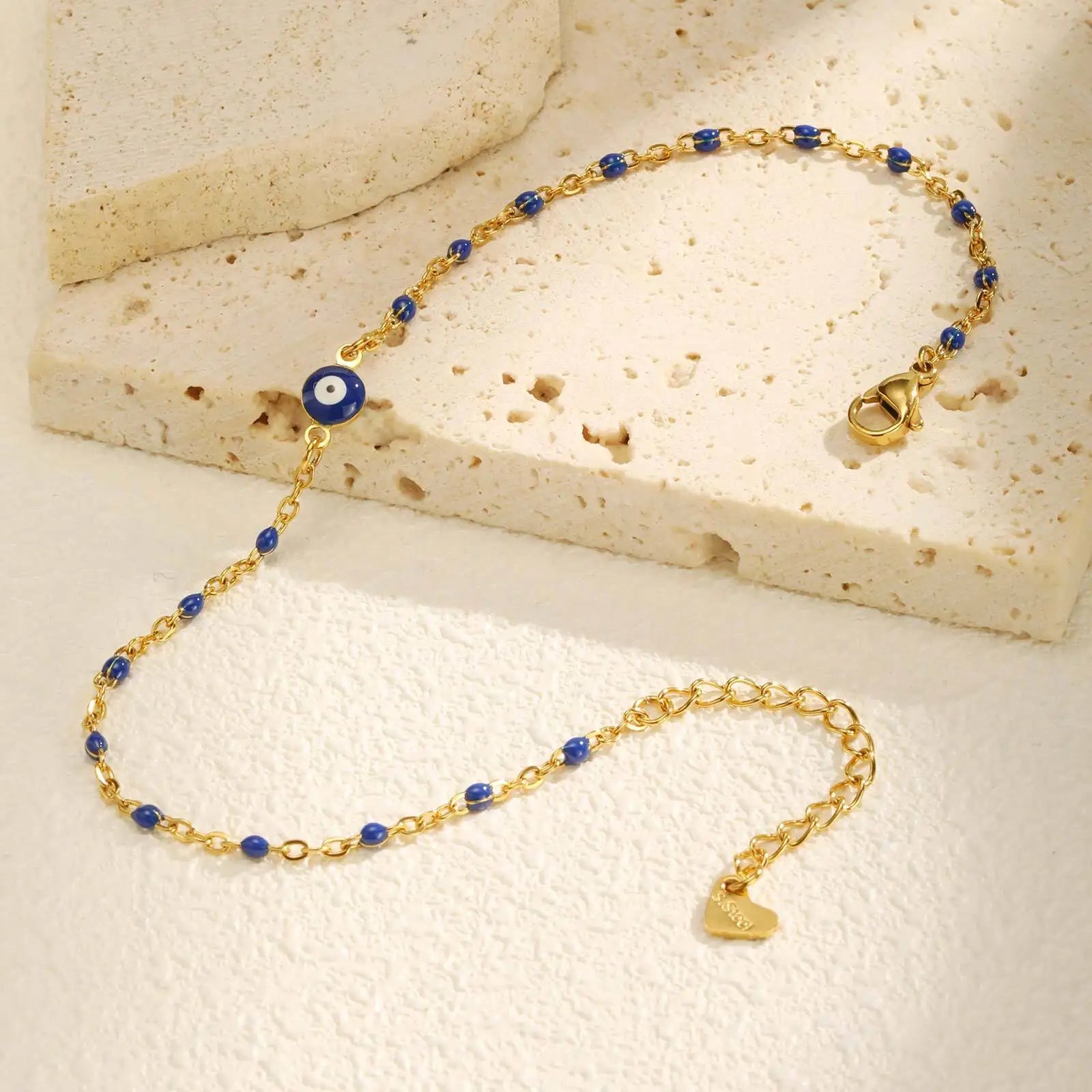 Lucky Blue Evil Eye Beaded Anklet – Waterproof Gold