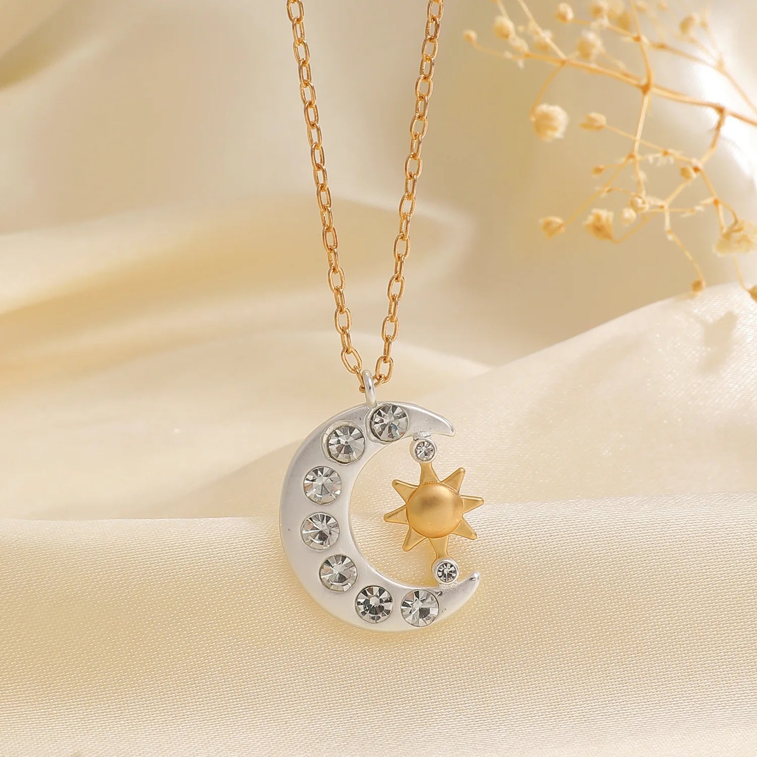 Sun & Crescent Moon Zircon Necklace – Waterproof Gold