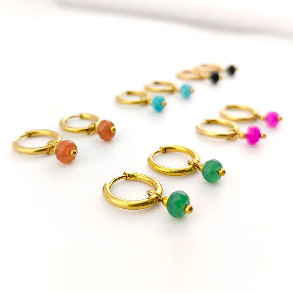 Natural Stone Huggie Hoop Earrings – Gold Tone