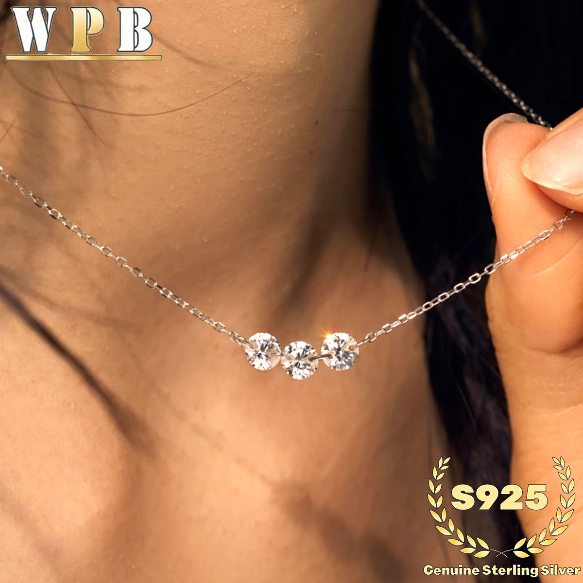 Sterling Silver Three-Stone Zircon Necklace – Adjustable