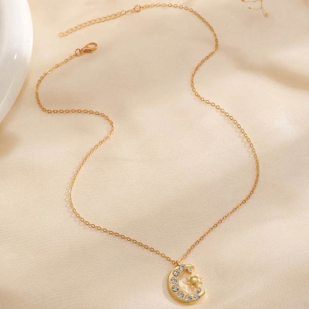 Sun & Crescent Moon Zircon Necklace – Waterproof Gold