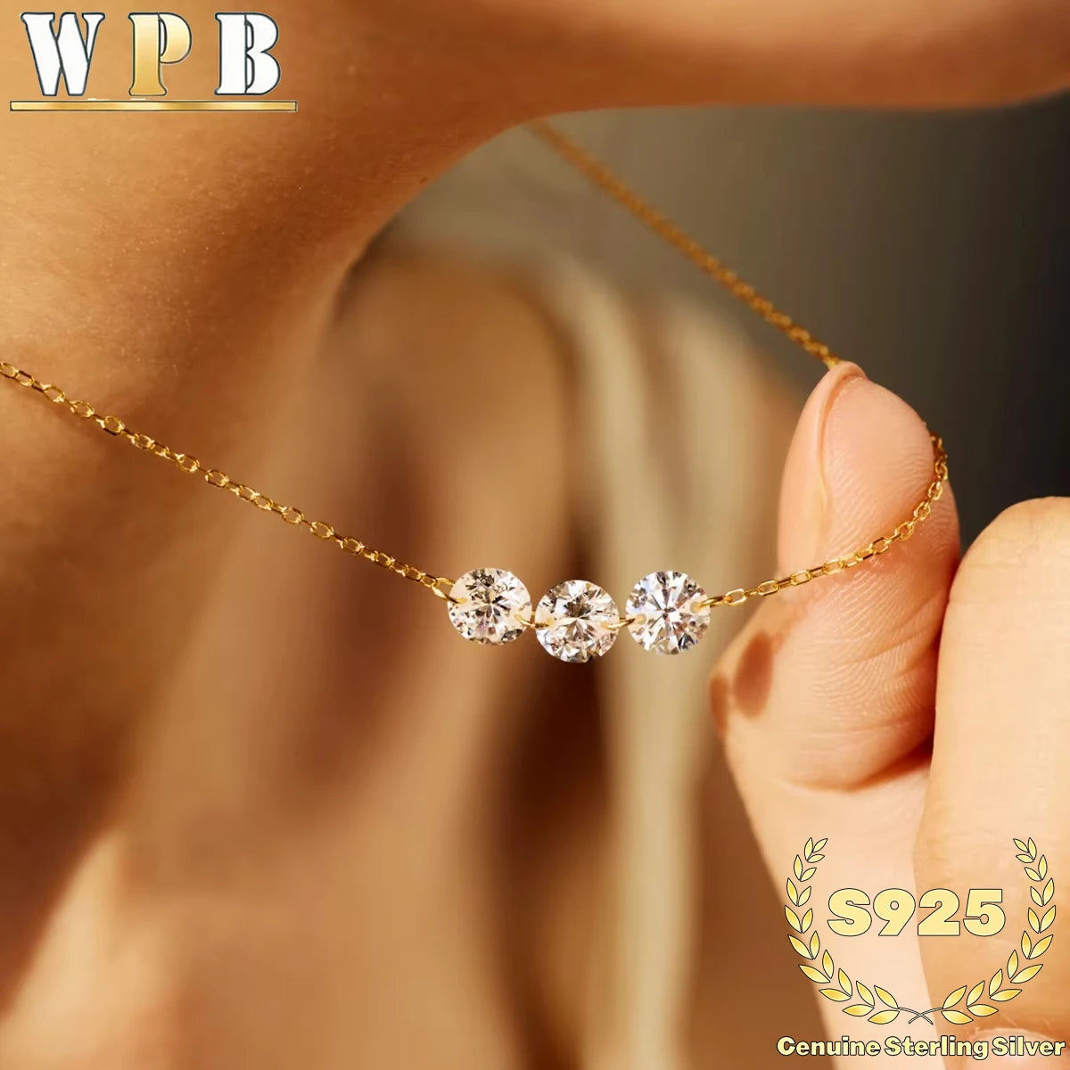 Sterling Silver Three-Stone Zircon Necklace – Adjustable