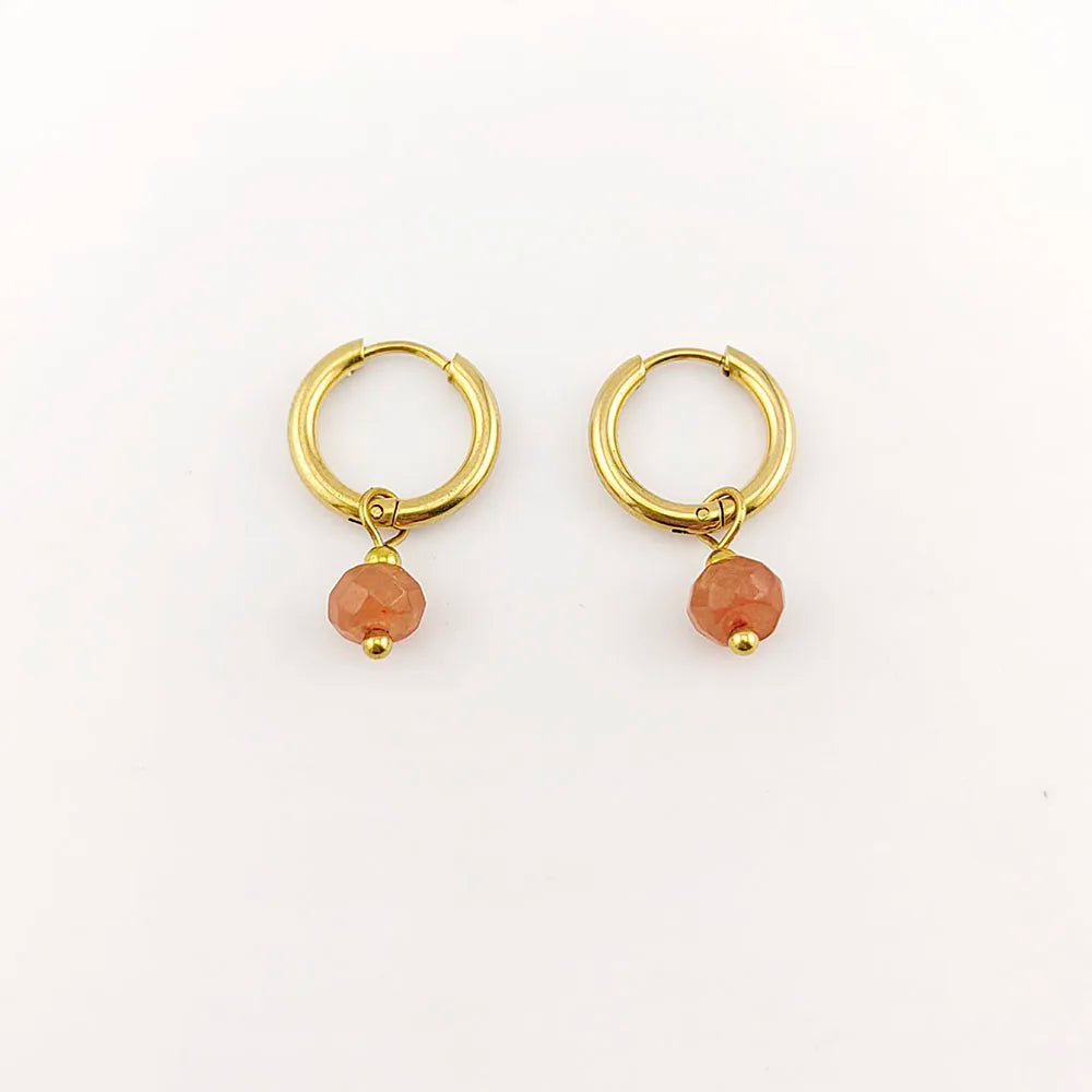Natural Stone Huggie Hoop Earrings – Gold Tone