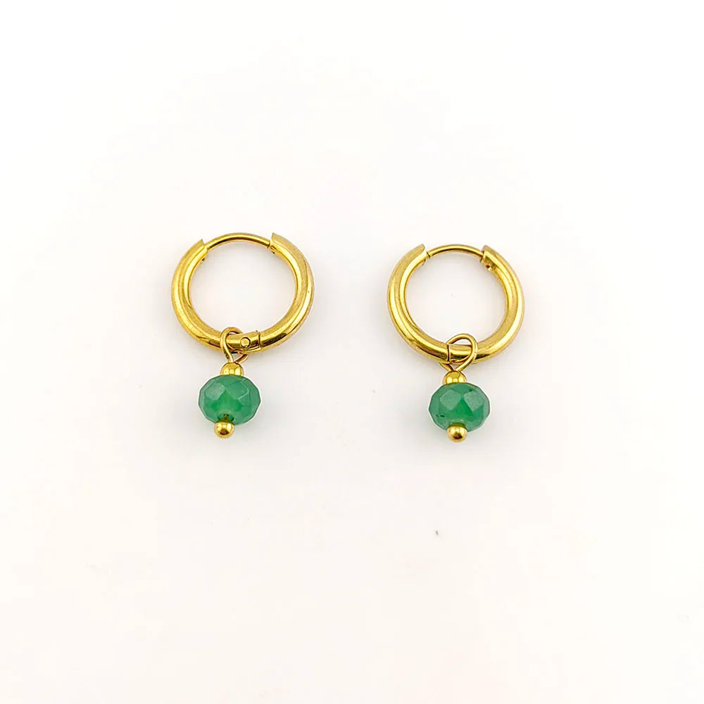 Natural Stone Huggie Hoop Earrings – Gold Tone