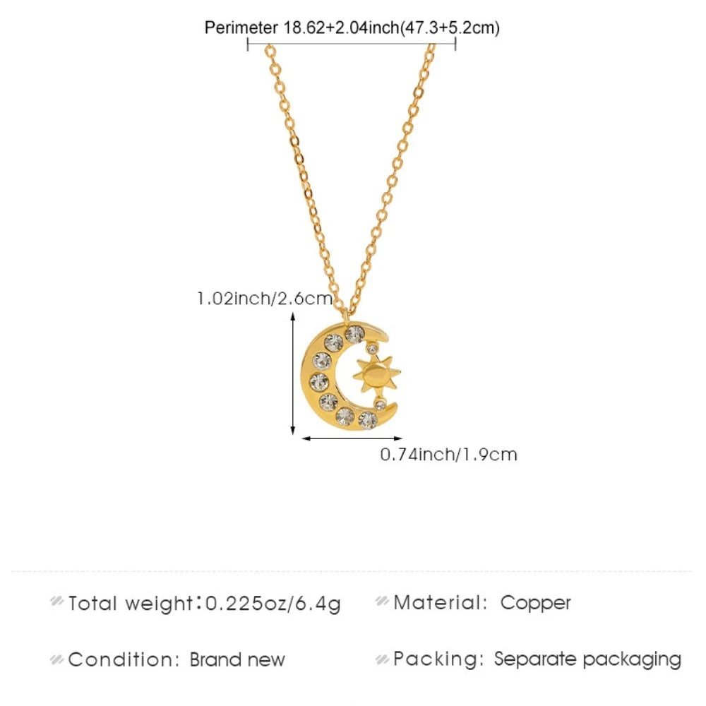 Sun & Crescent Moon Zircon Necklace – Waterproof Gold