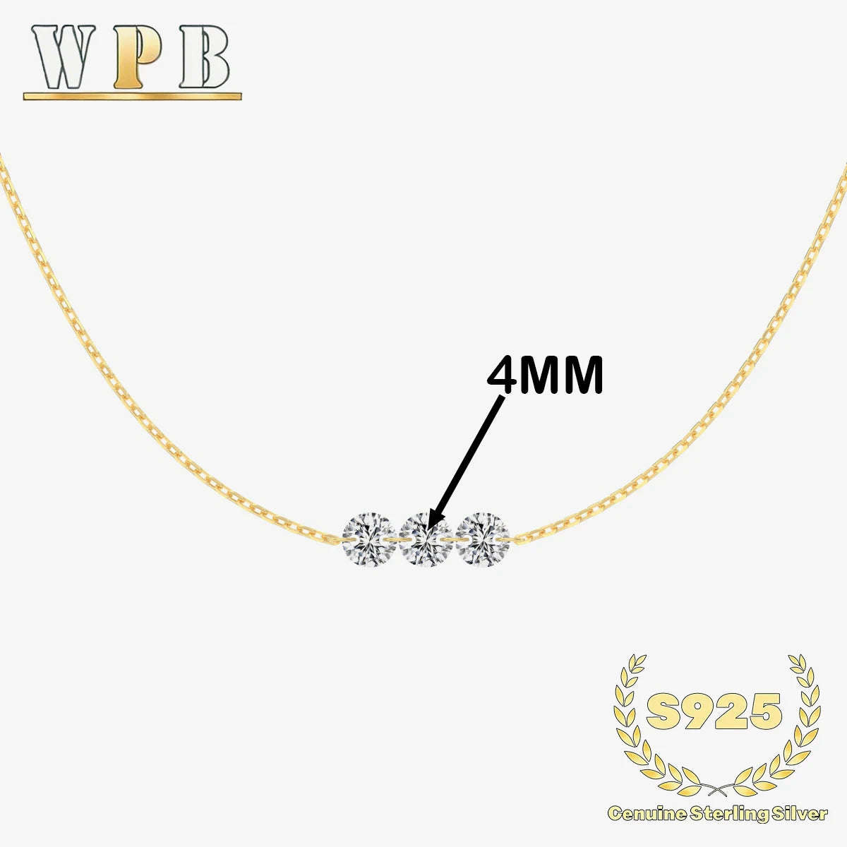 Sterling Silver Three-Stone Zircon Necklace – Adjustable