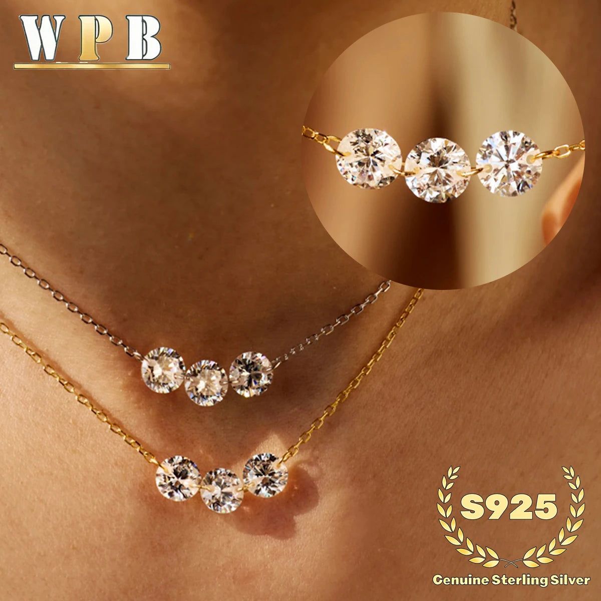 Sterling Silver Three-Stone Zircon Necklace – Adjustable