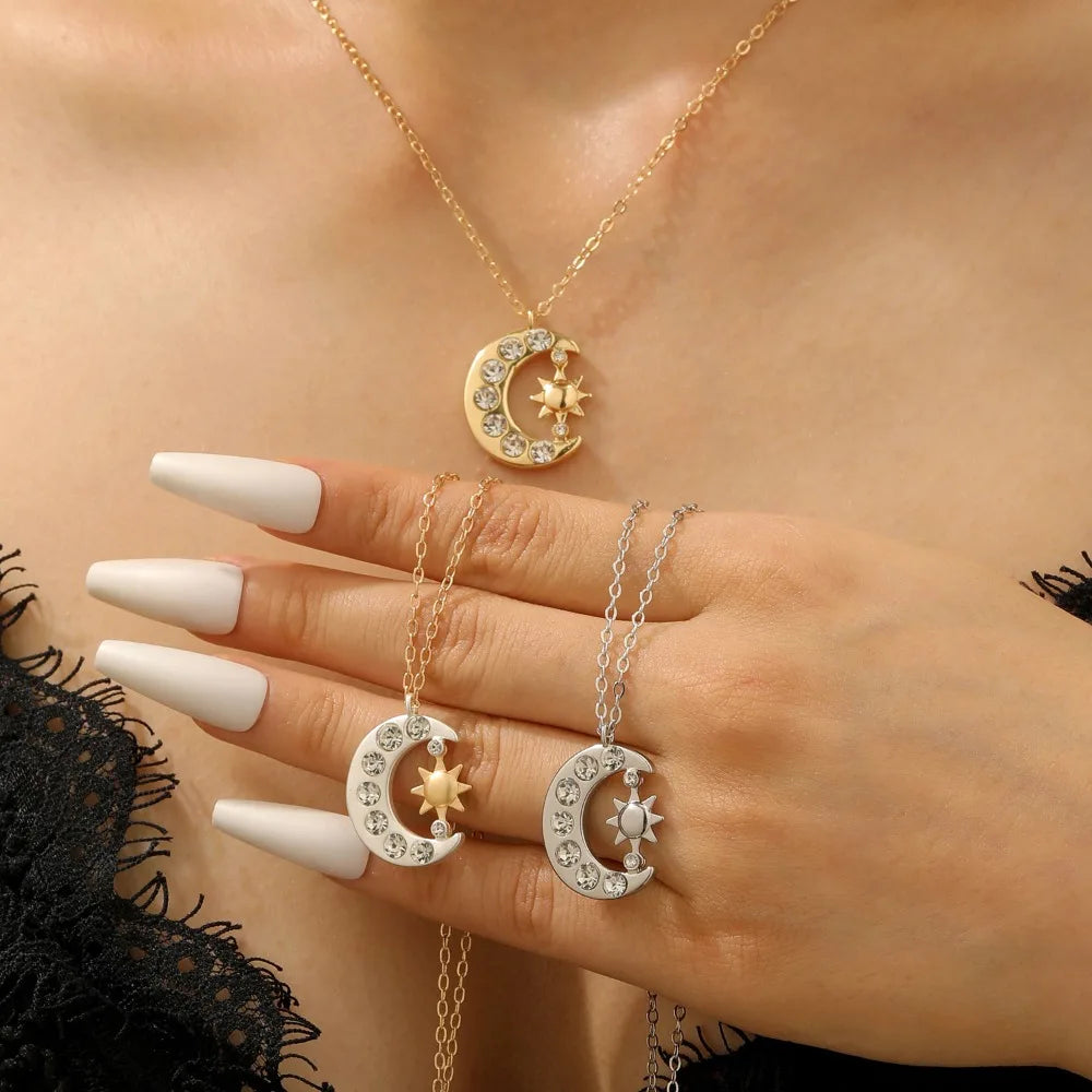 Sun & Crescent Moon Zircon Necklace – Waterproof Gold