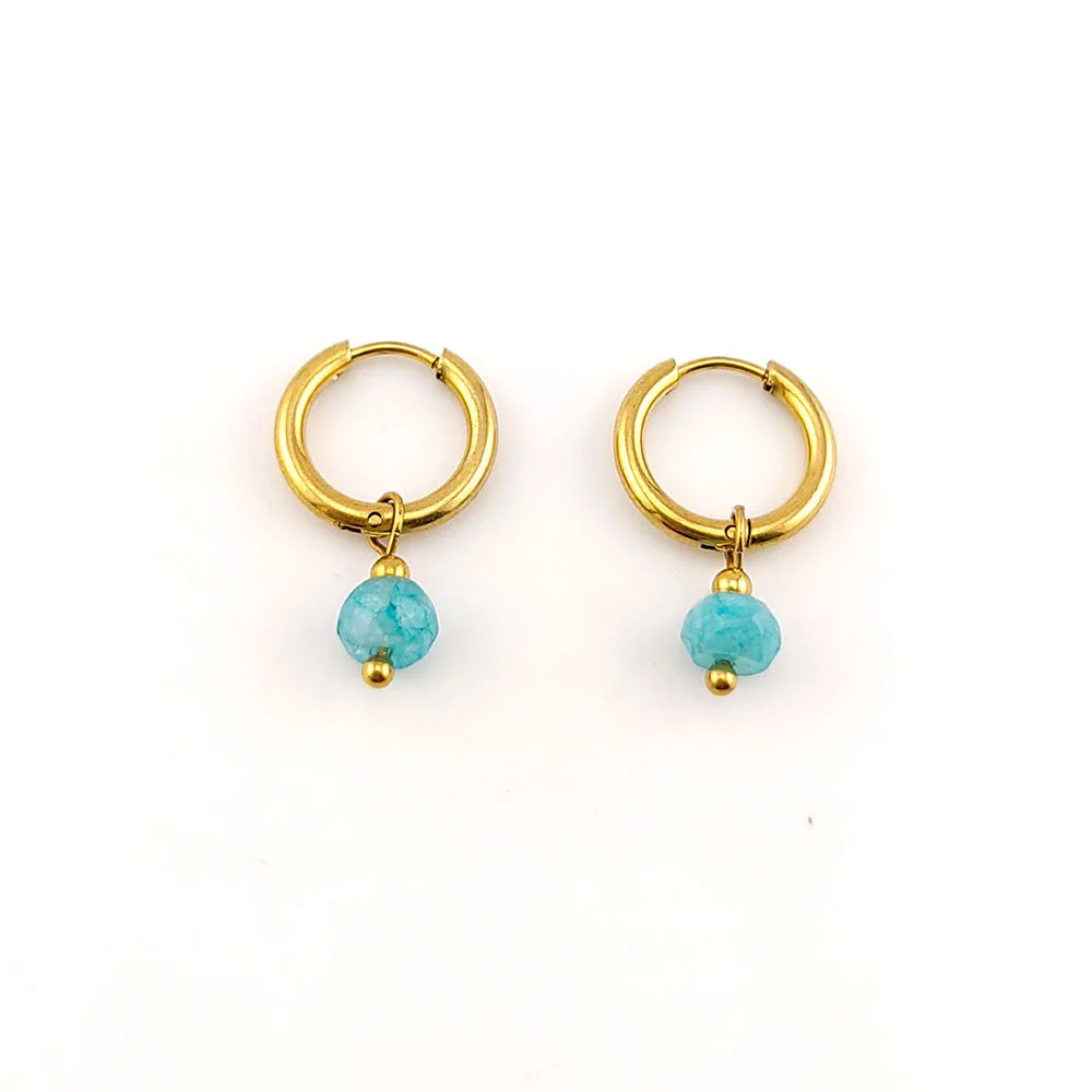Natural Stone Huggie Hoop Earrings – Gold Tone