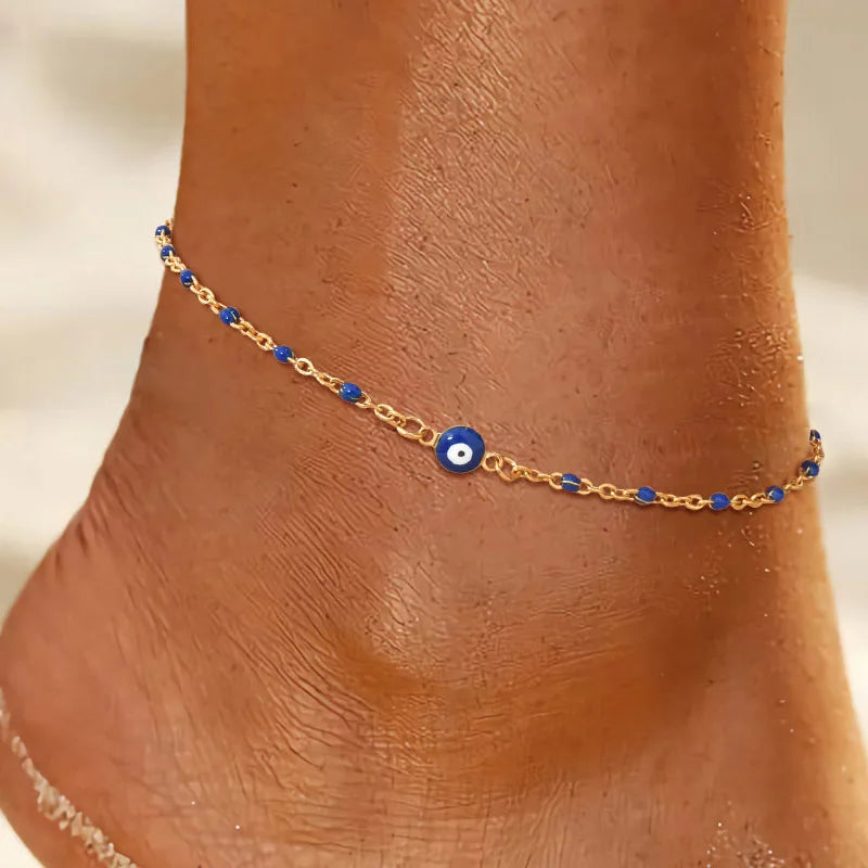 Lucky Blue Evil Eye Beaded Anklet – Waterproof Gold