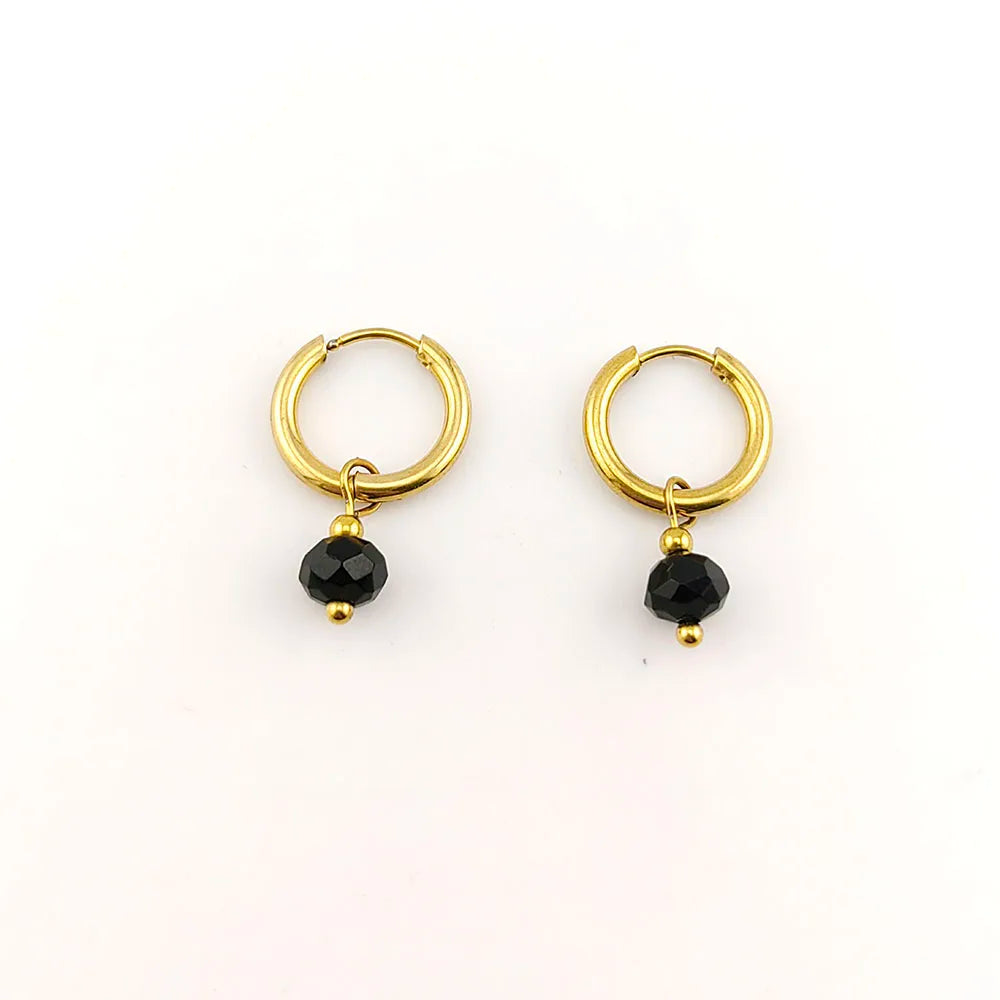 Natural Stone Huggie Hoop Earrings – Gold Tone