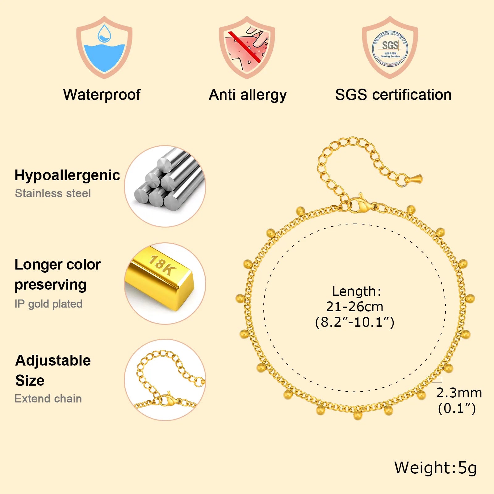 Waterproof Gold Ball Bead Anklet – Stainless Steel