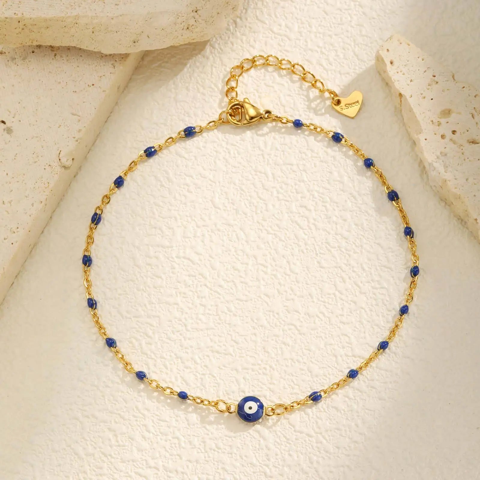 Lucky Blue Evil Eye Beaded Anklet – Waterproof Gold