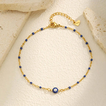 Lucky Blue Evil Eye Beaded Anklet – Waterproof Gold