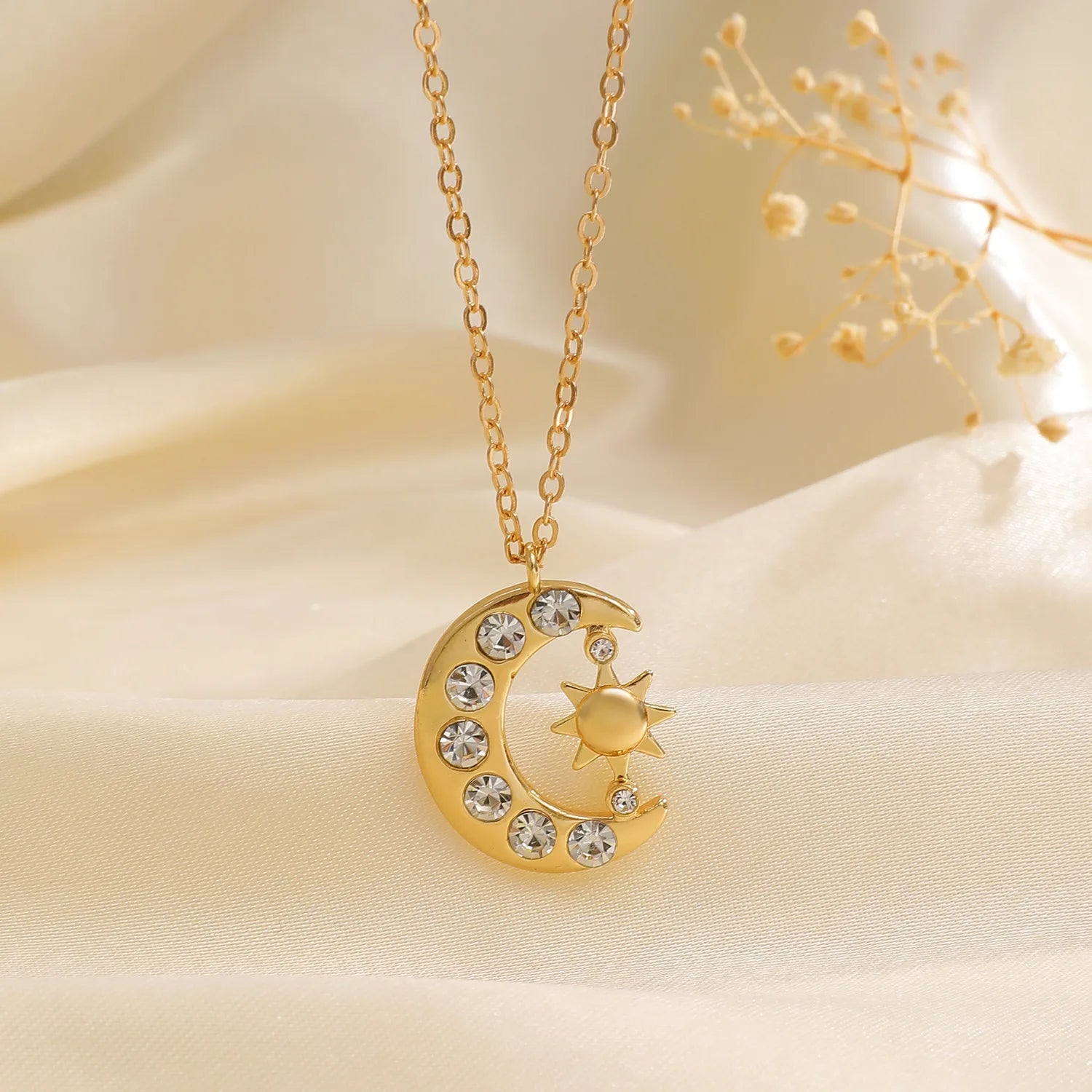 Sun & Crescent Moon Zircon Necklace – Waterproof Gold